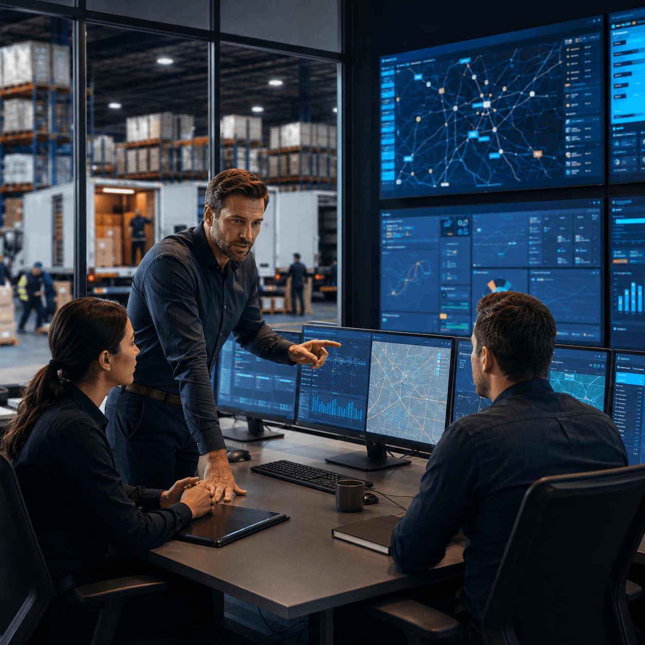 Logistics professionals using a connected business system